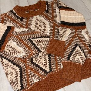 POL Geometric Knit Sweater in Black, Brown and Cream, Size Medium